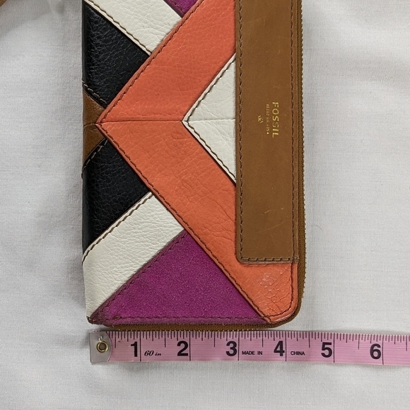 Fossil Leather Coral Black Tan Suede Zipper Closure Wristlet Wallet - Picture 5 of 6